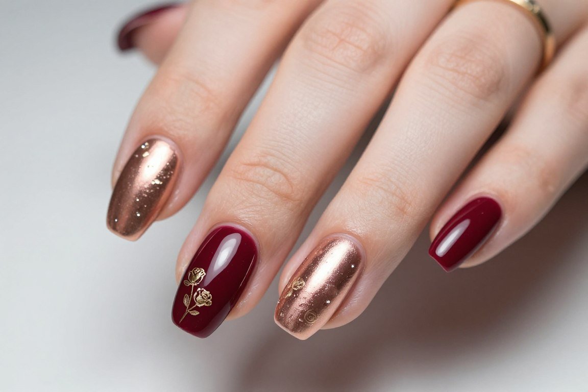 burgundy nails with rose gold accent details