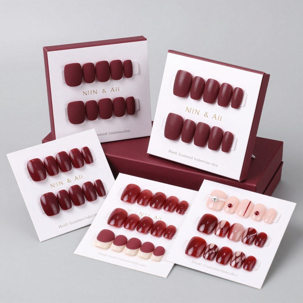 burgundy press-on nails in various designs