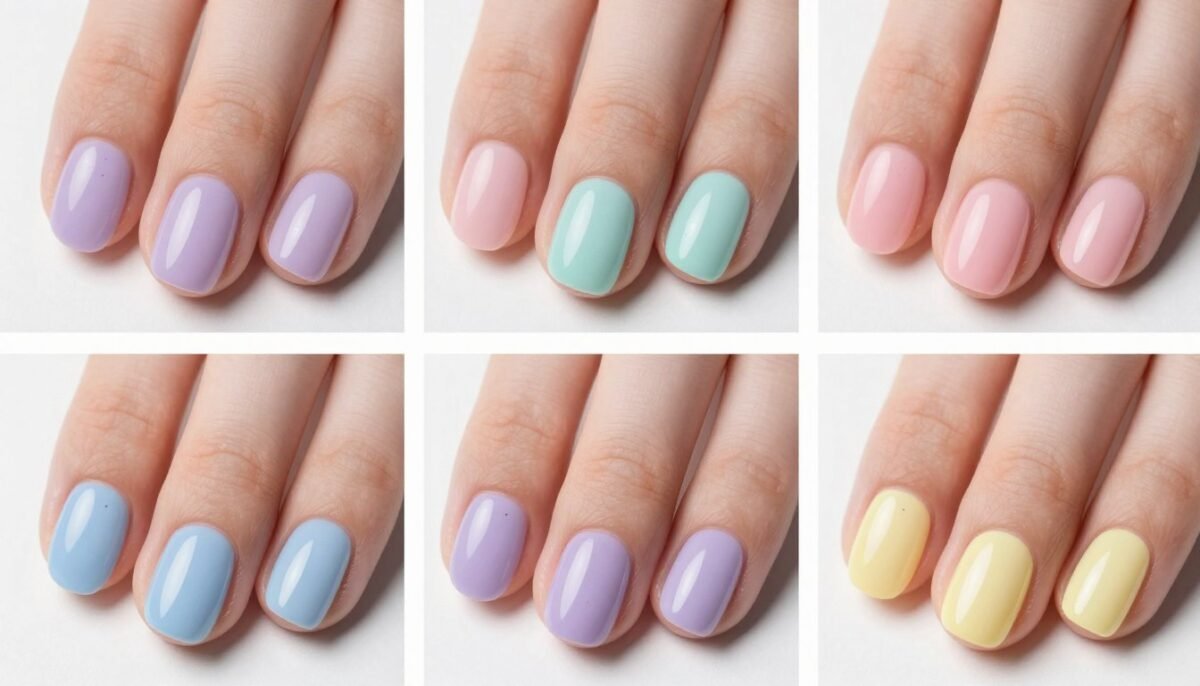 collection of pastel nail designs on short nails showing various classic colors