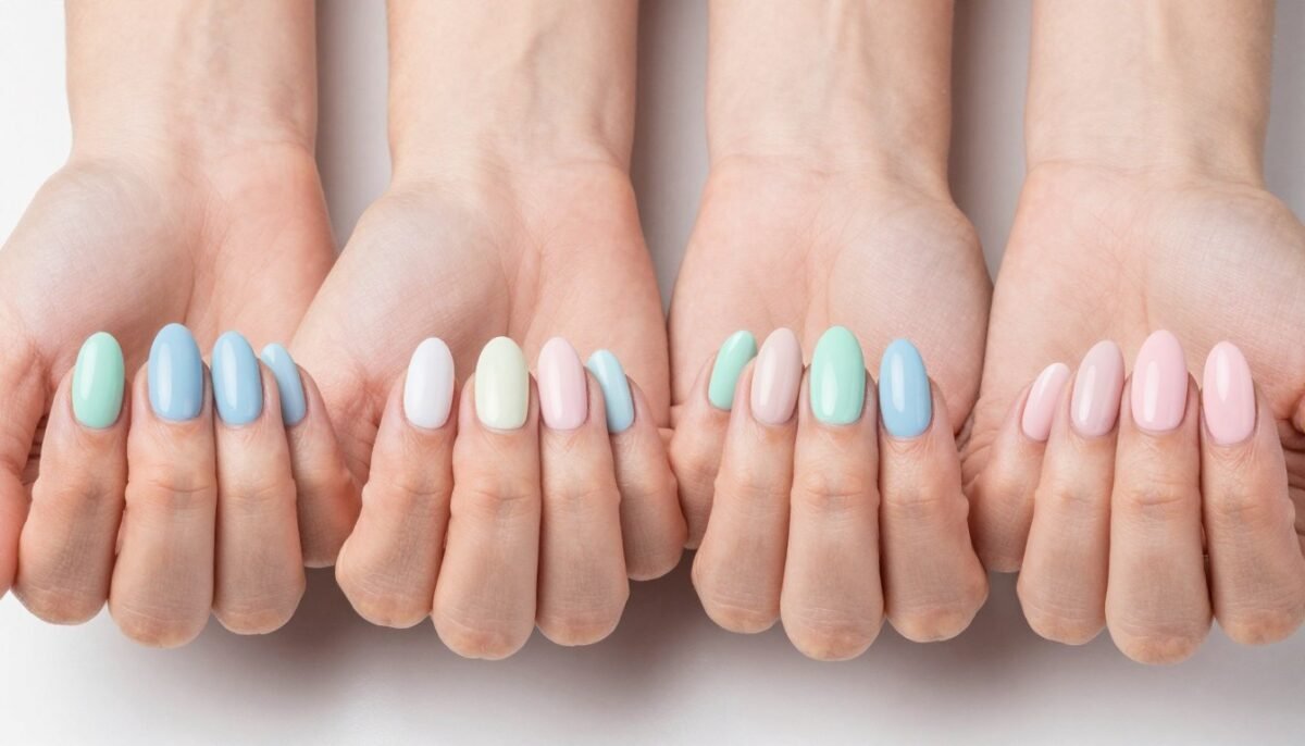 comparison of different nail shapes on short nails with pastel polish