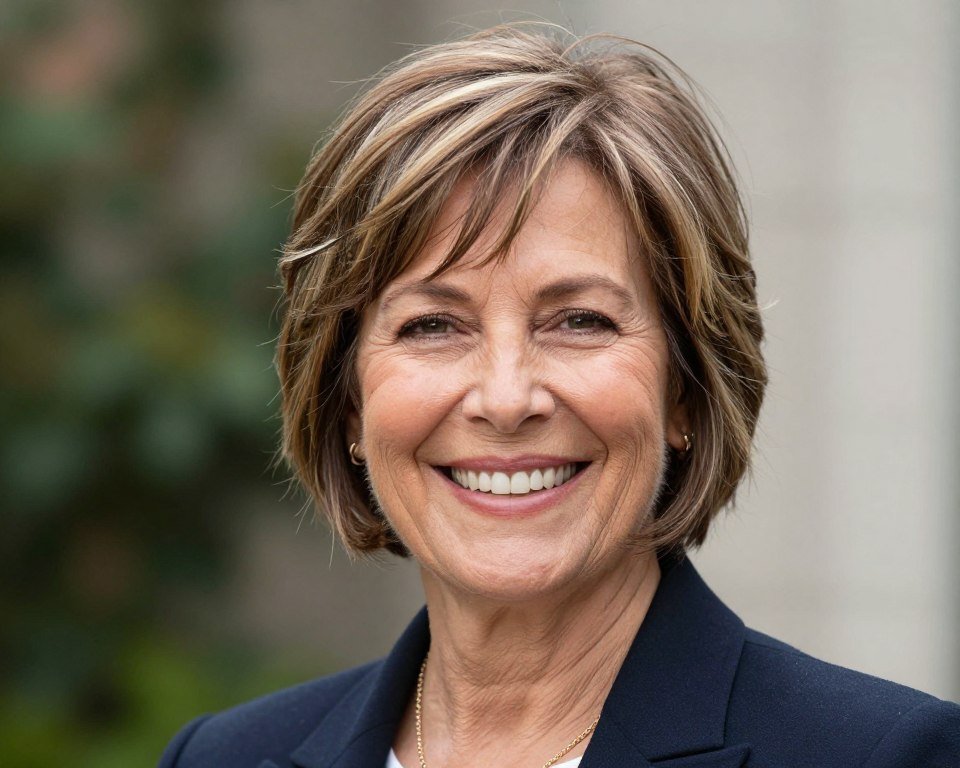 confident woman over 60 with choppy bob smiling