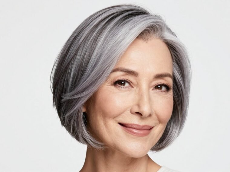 elegant woman over 60 with choppy bob hairstyle smiling confidently