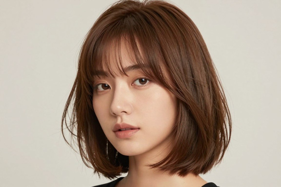 layered bob haircut with wispy bangs on woman with round face