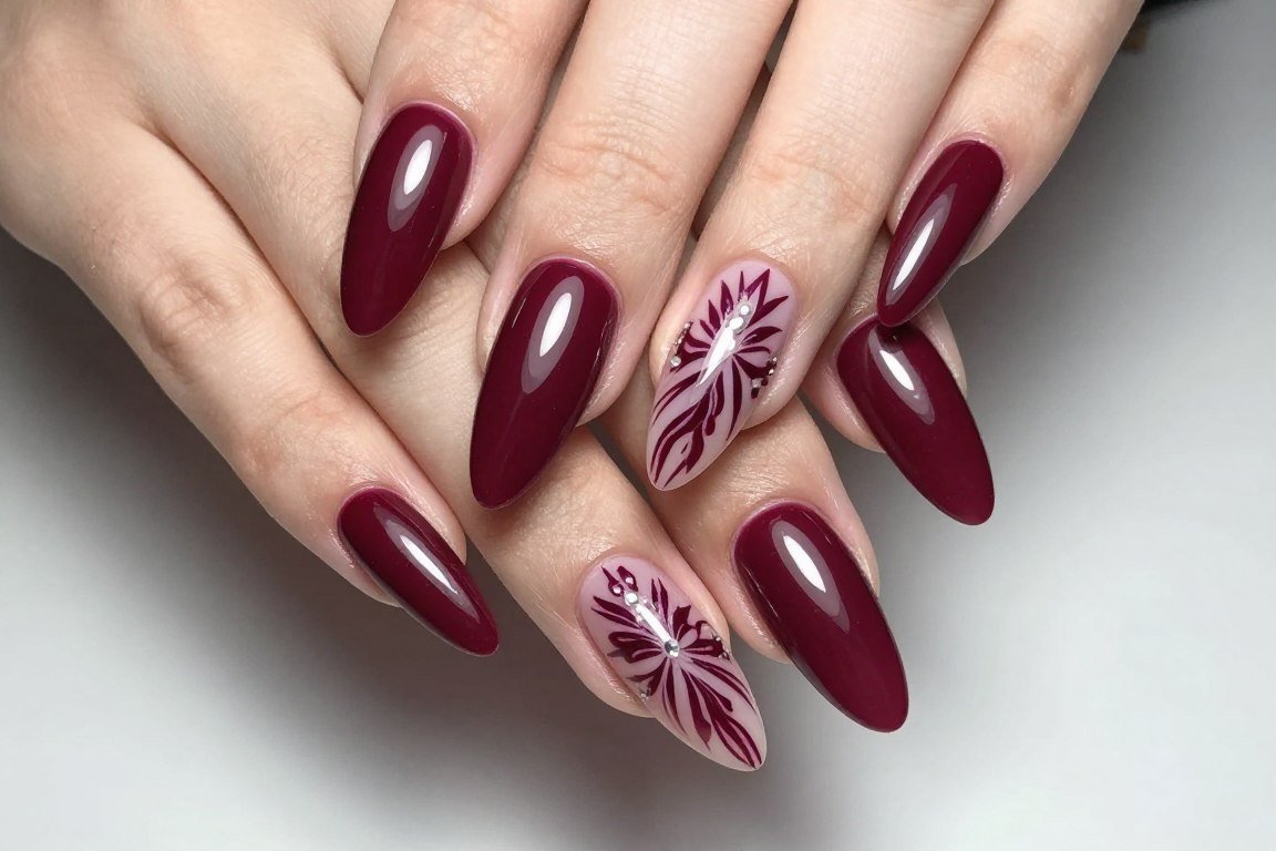 long burgundy acrylic nail extensions with nail art