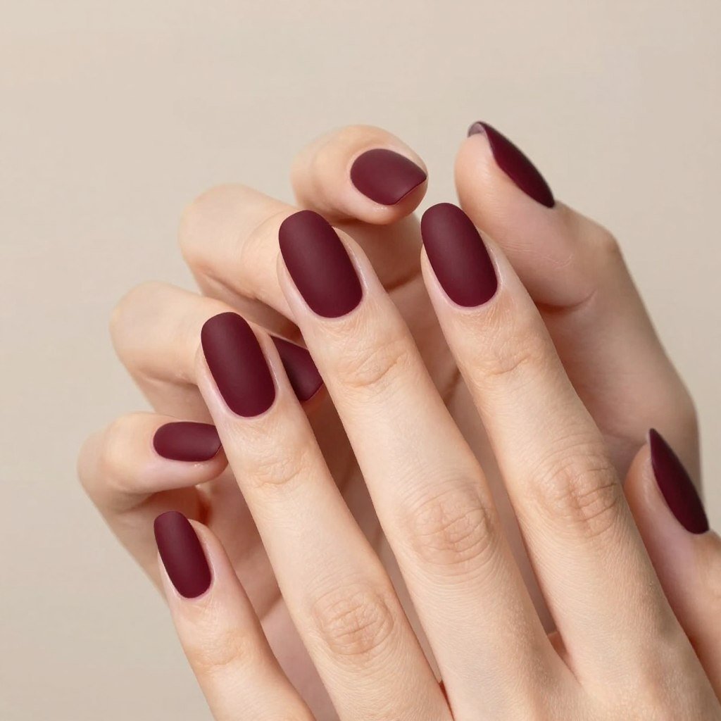 matte burgundy nails with velvety texture