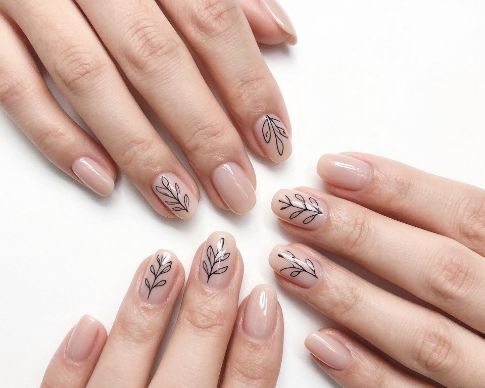 minimal botanical line art summer nail design