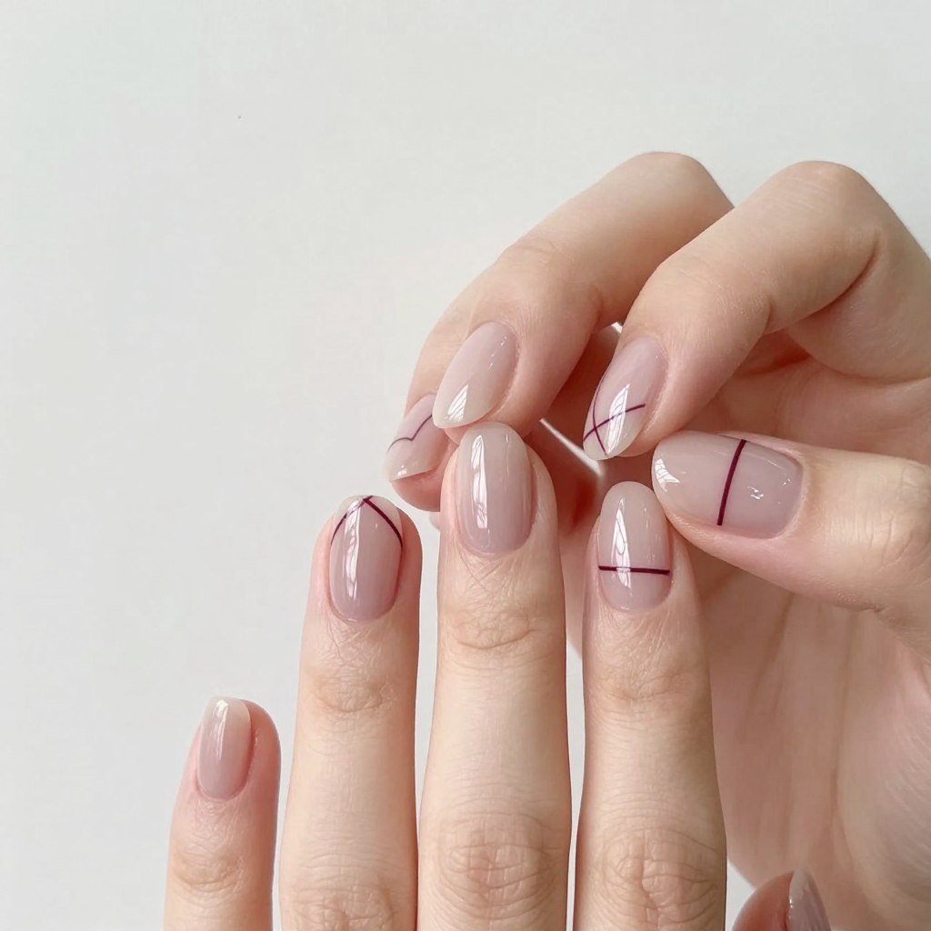 minimalist burgundy line art on natural nails