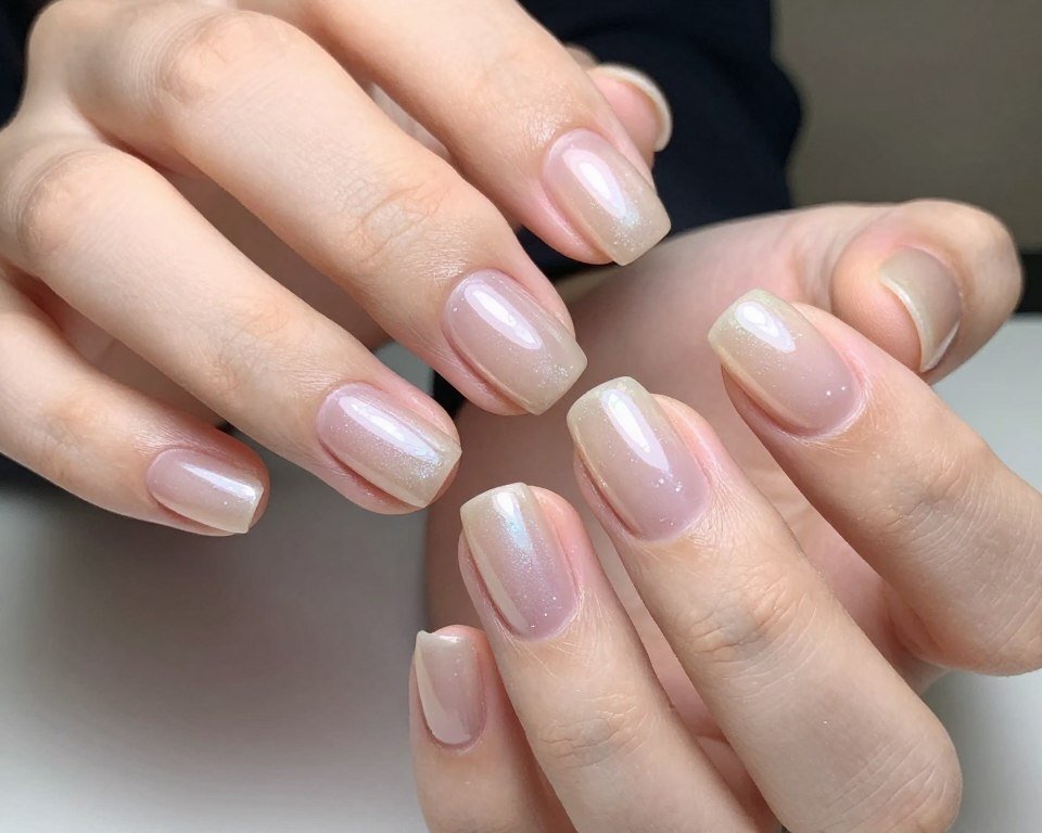 nude nails with subtle pearl shimmer effect