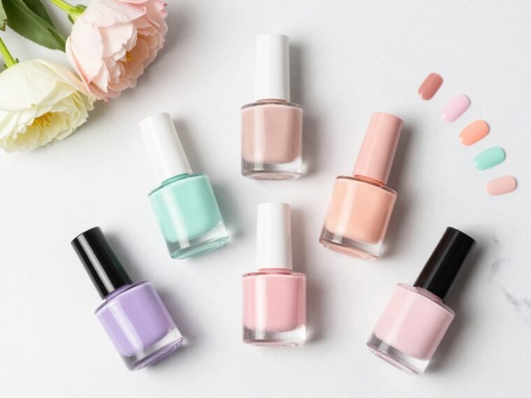 pastel nail polish bottles in summer shades arranged on short nails display