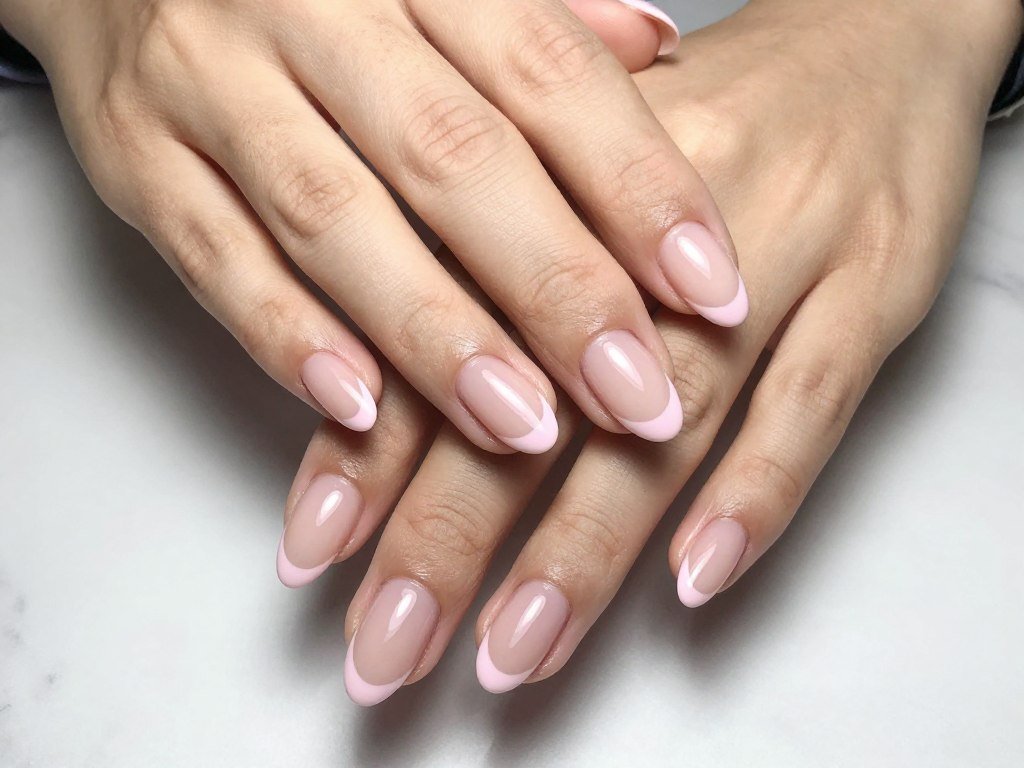 pastel pink french tip manicure on elegant hands