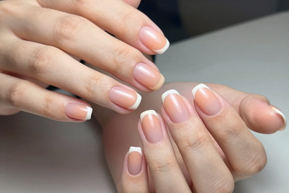 pastel reverse french manicure on short natural nails