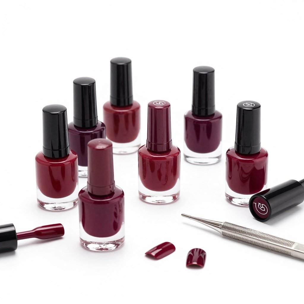 premium burgundy nail polish bottles and nail care products