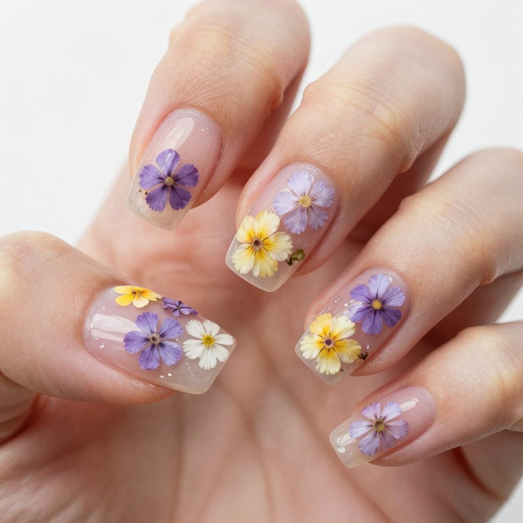 real pressed flowers embedded in clear gel nails