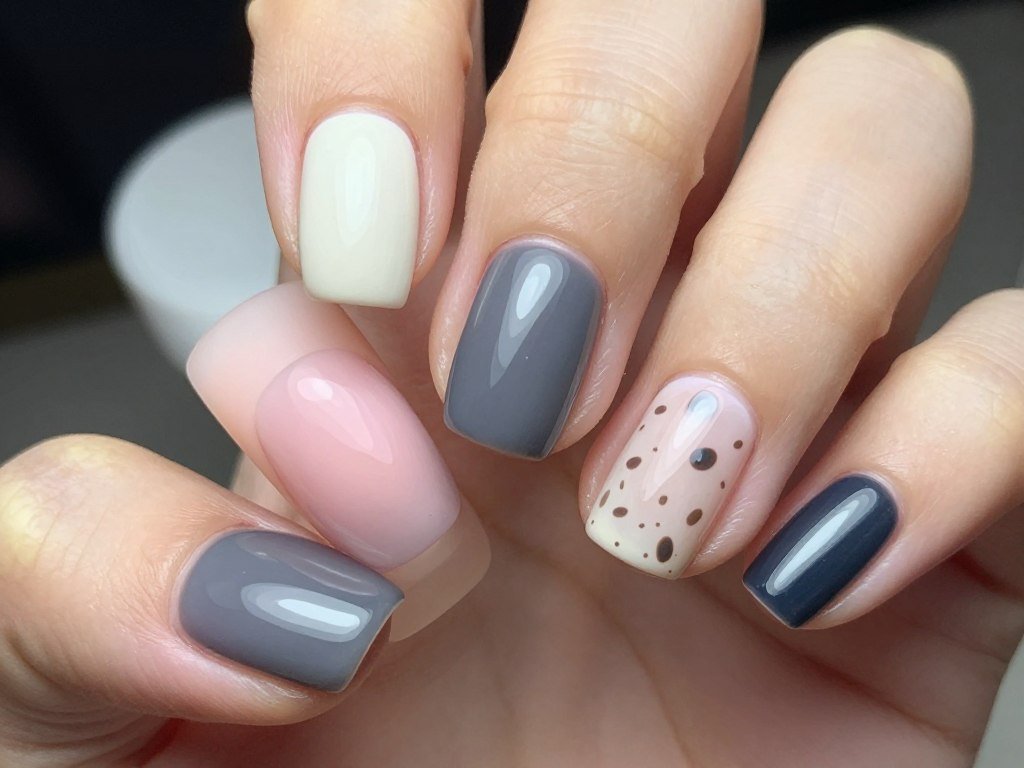 short nails mixing glossy and matte finishes