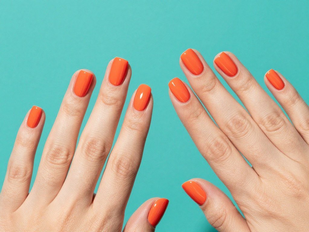 short nails painted in bright electric coral color