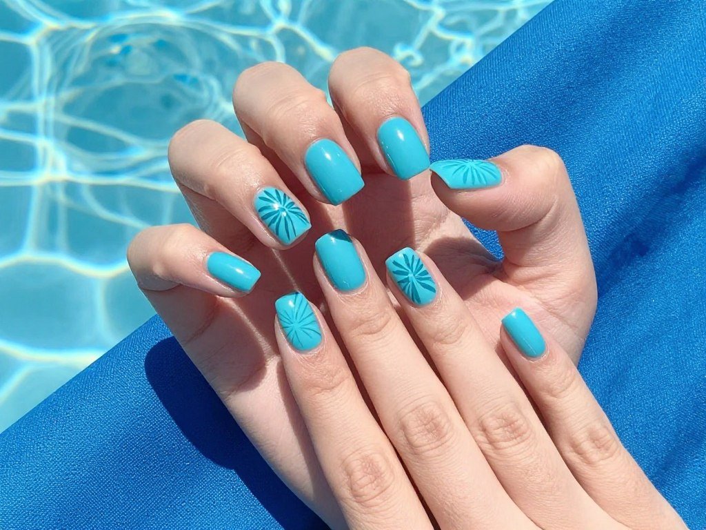 short nails painted in bright turquoise blue color