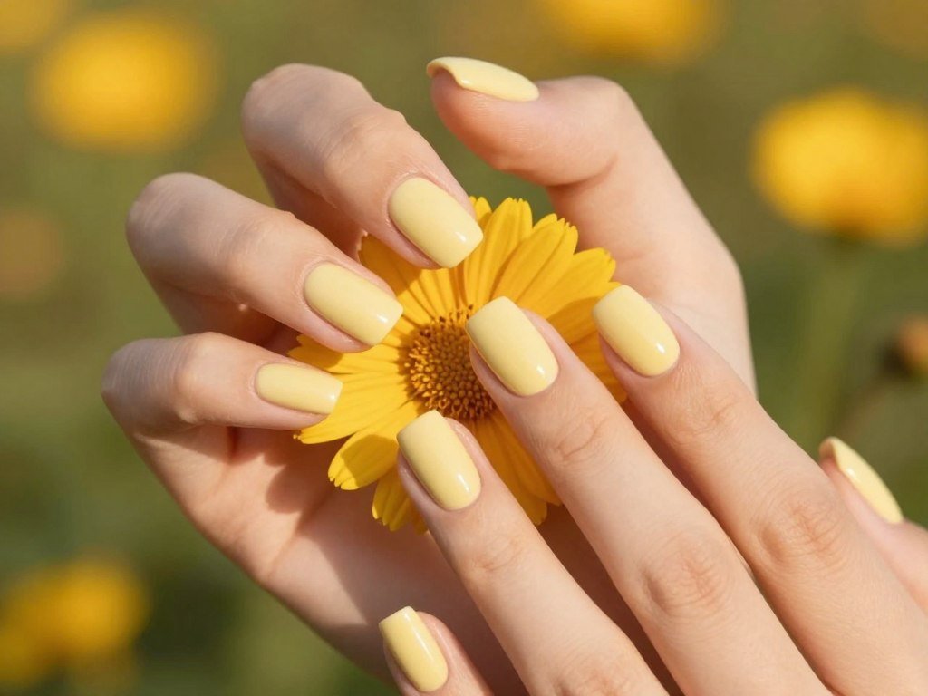 short nails painted in soft butter yellow summer color