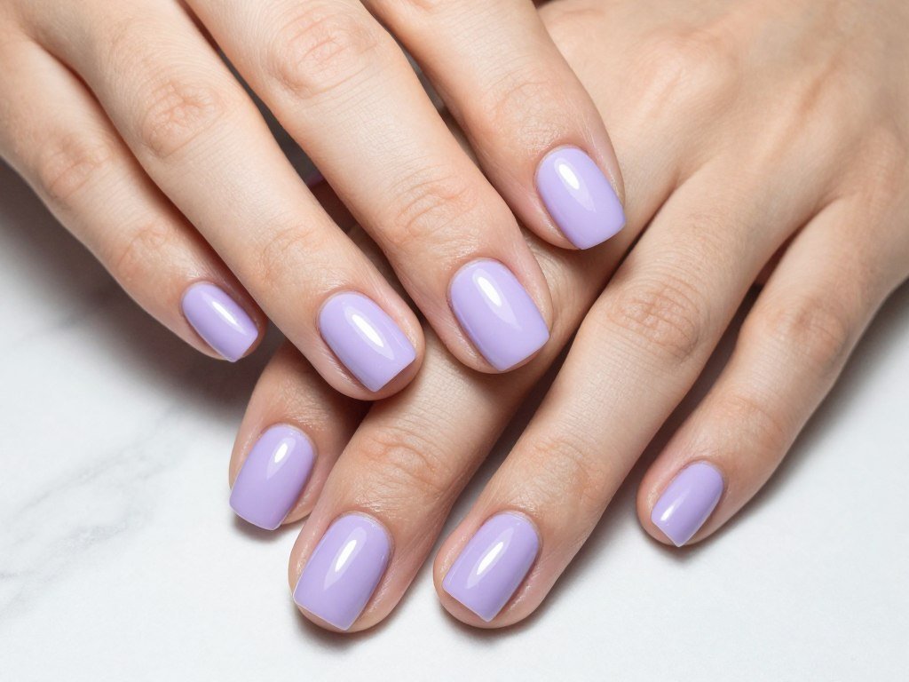 short nails painted in soft lavender pastel polish