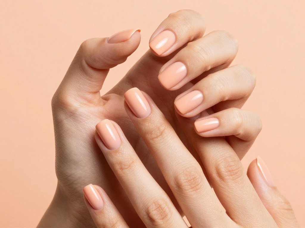 short nails painted in soft peach color with glossy finish