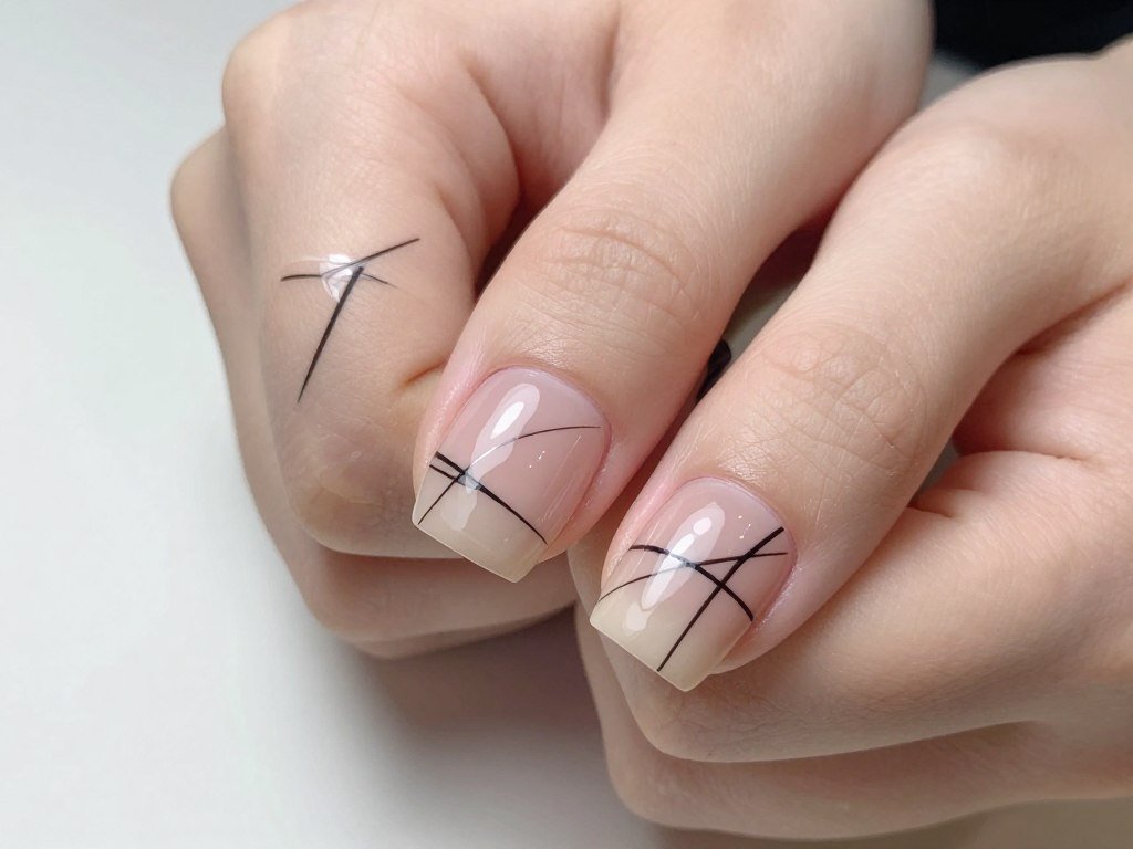 short nails with abstract thin line nail art