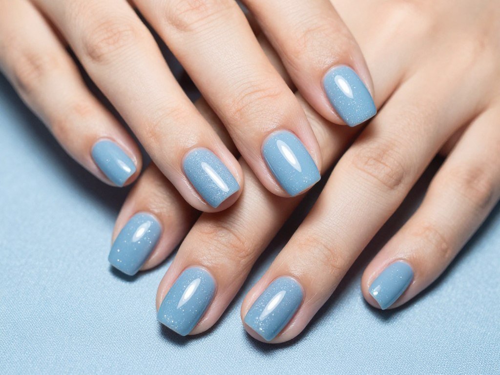 short nails with baby blue polish and subtle shimmer