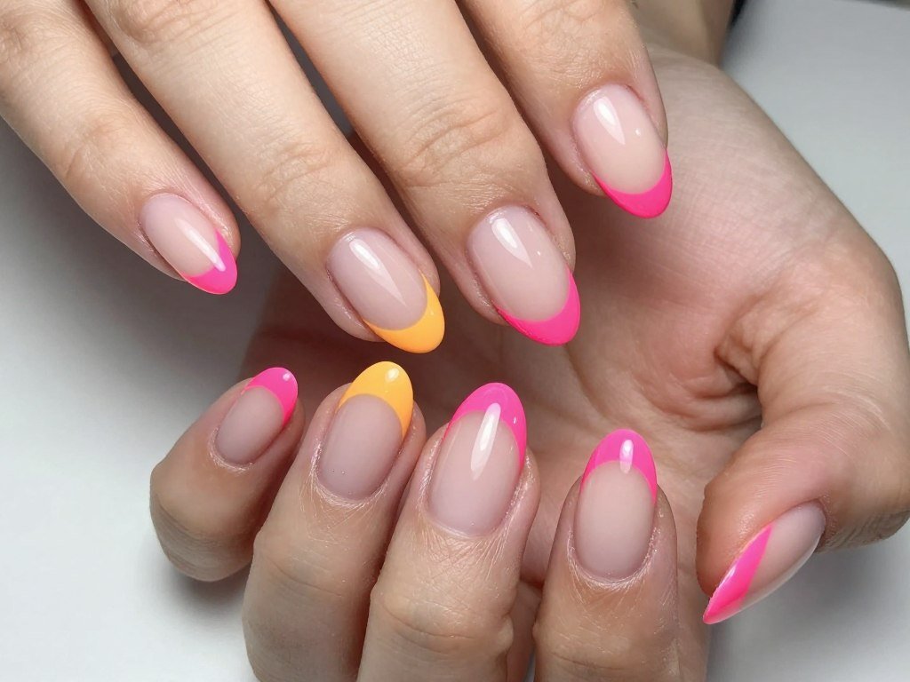 short nails with bright neon french tips