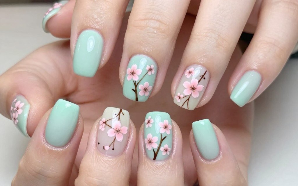 short nails with cherry blossom nail art design on mint green