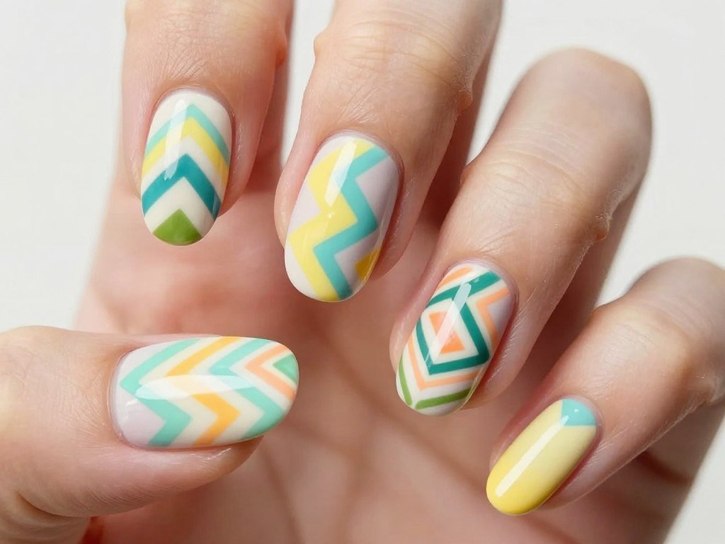 short nails with chevron pattern design