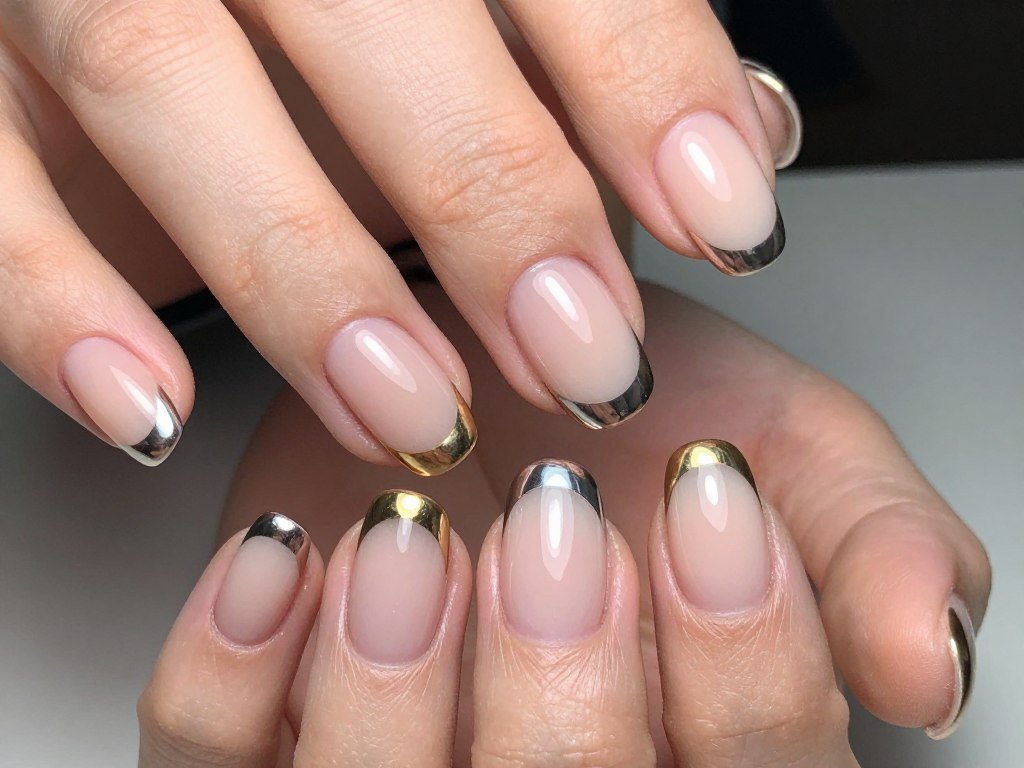 short nails with chrome french tip manicure