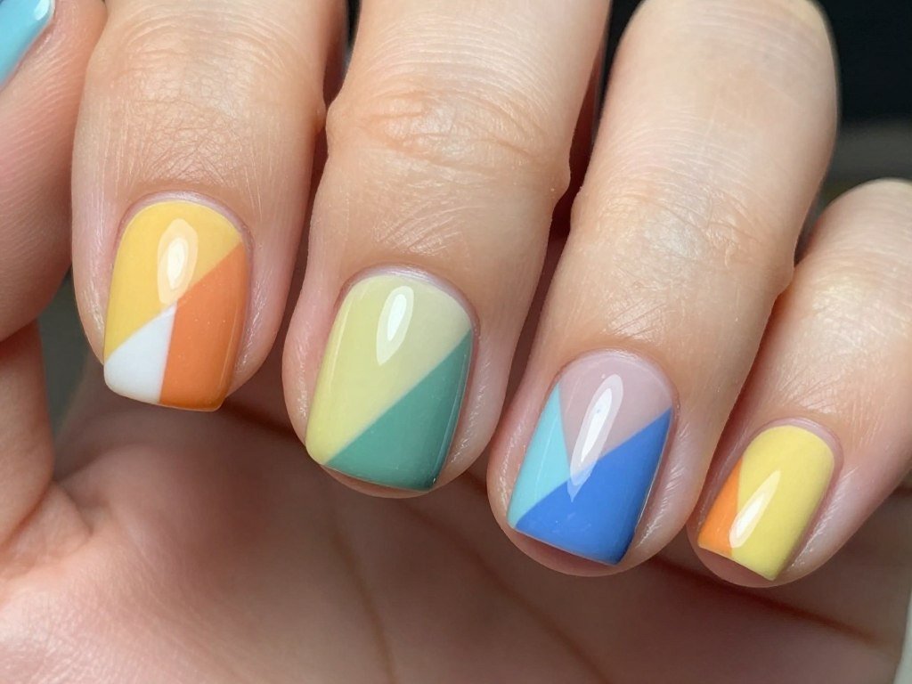 short nails with color blocking nail art design