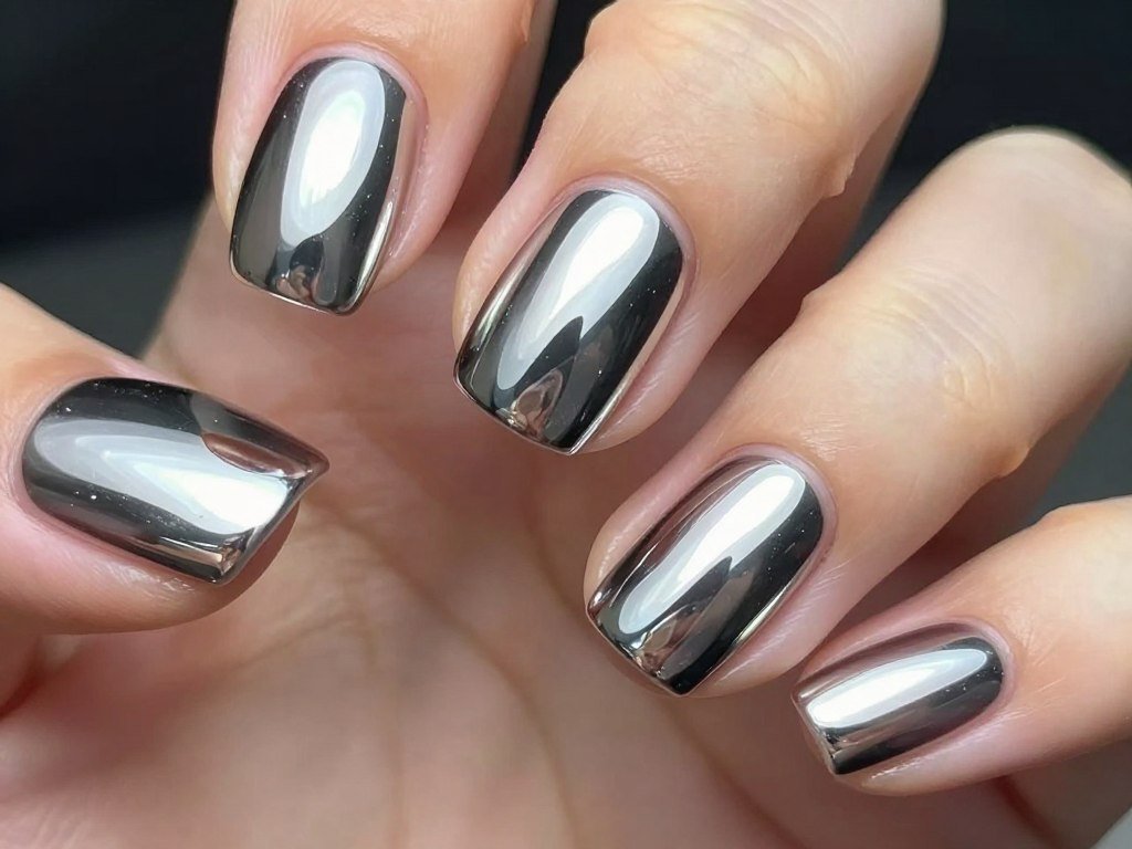 short nails with full chrome mirror finish