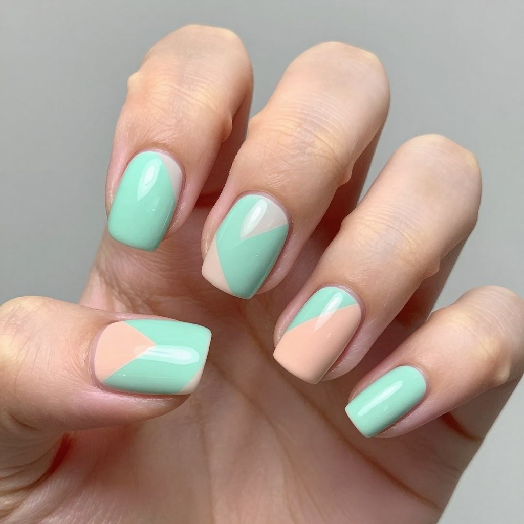 short nails with geometric color block design in pastel shades