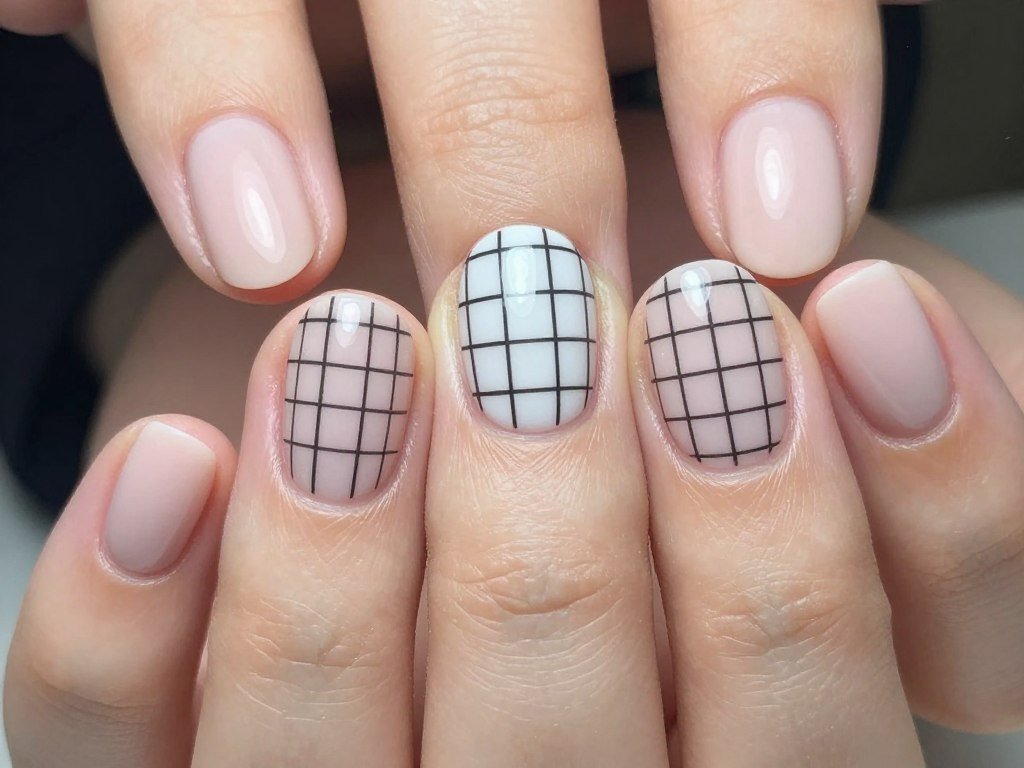 short nails with grid pattern on accent nail