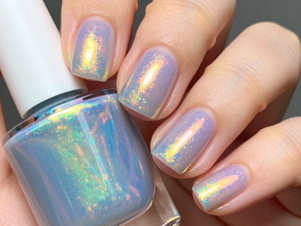 short nails with holographic rainbow finish