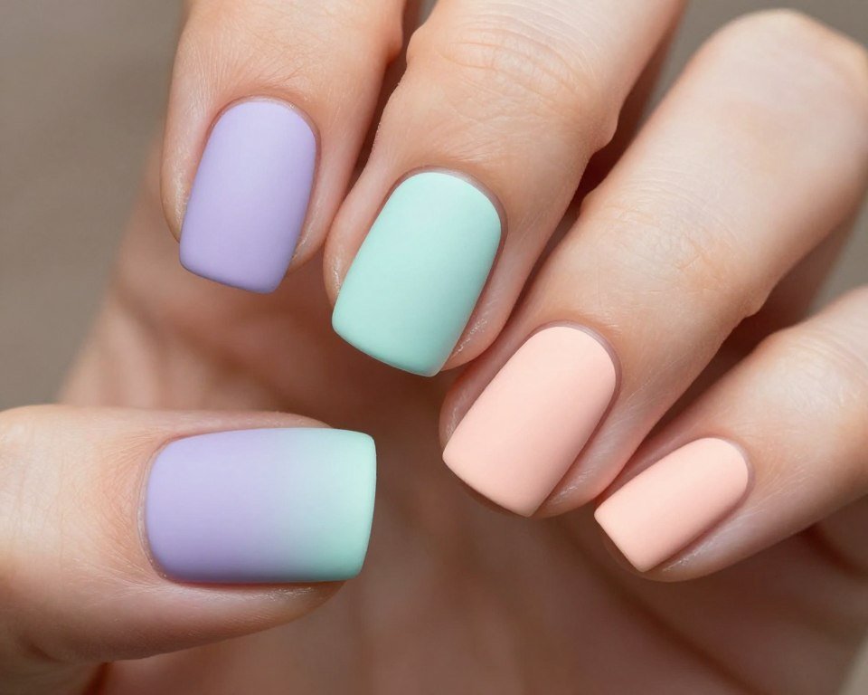 short nails with matte pastel finish in various colors