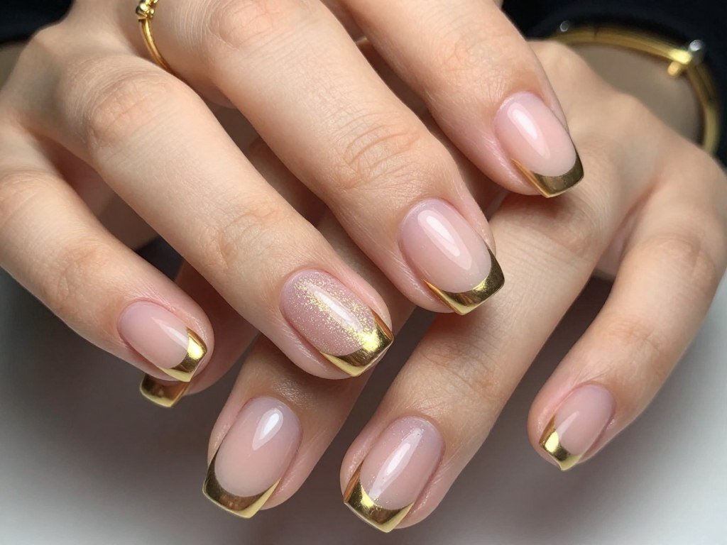 short nails with metallic gold french tips