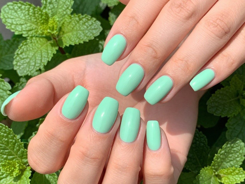 short nails with mint green polish looking fresh and summery