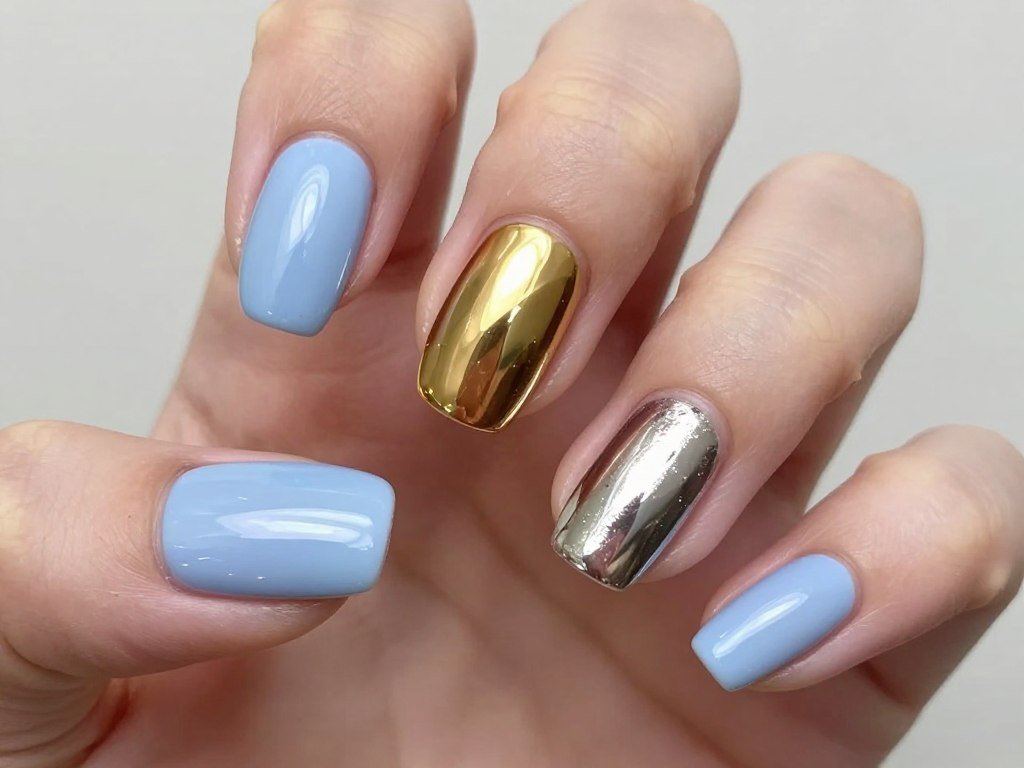 short nails with one metallic chrome accent nail