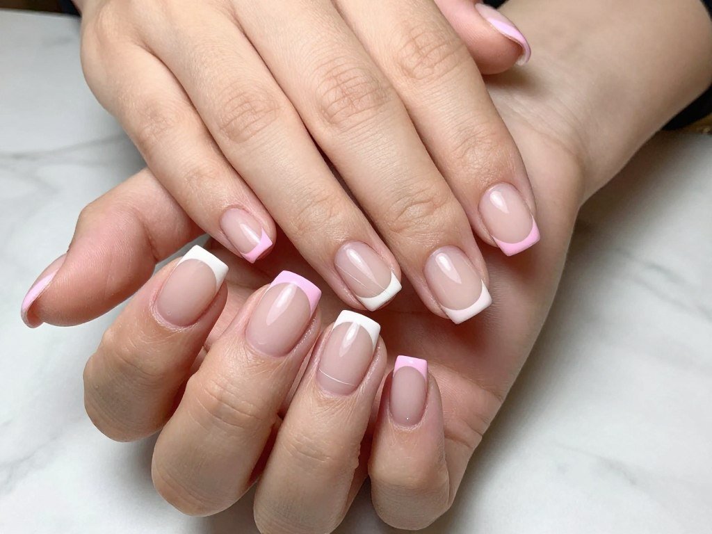 short nails with pastel colored french tips