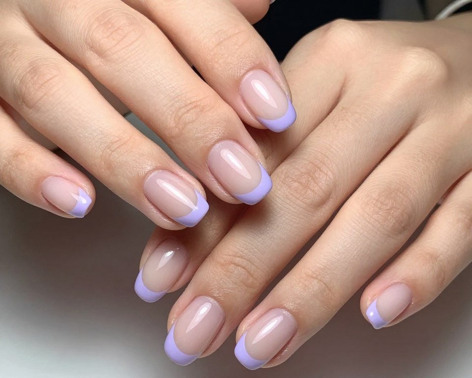 short nails with pastel lavender french tip manicure