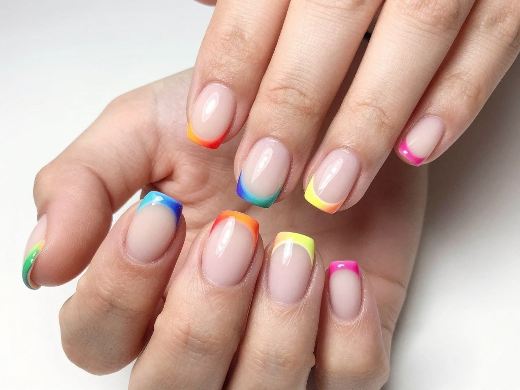 short nails with rainbow colored french tips on each nail