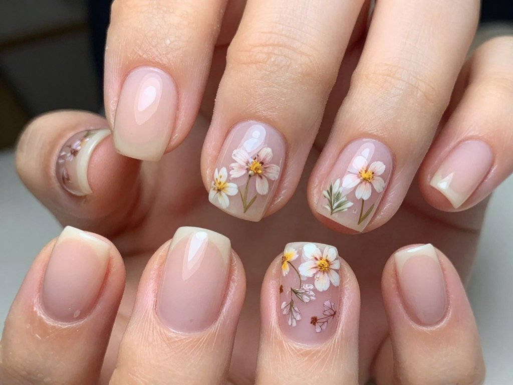 short nails with real pressed flower design