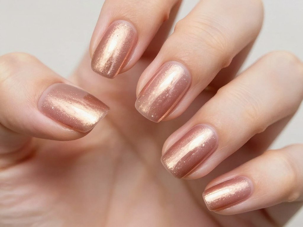 short nails with rose gold metallic finish