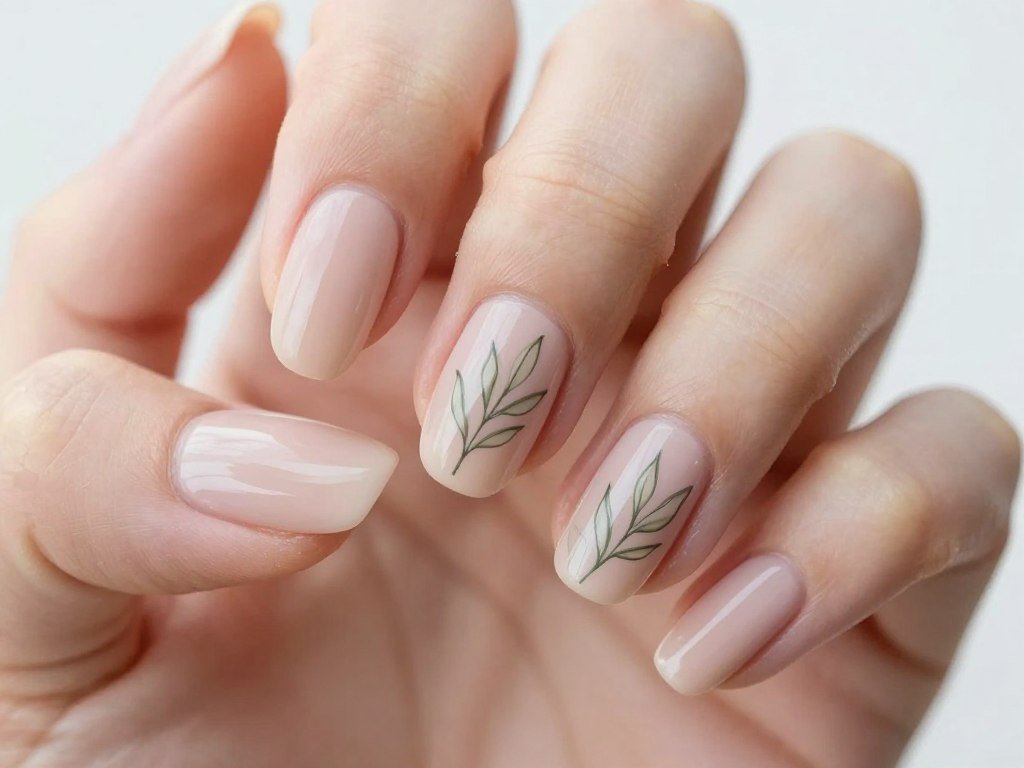 short nails with simple leaf design accent