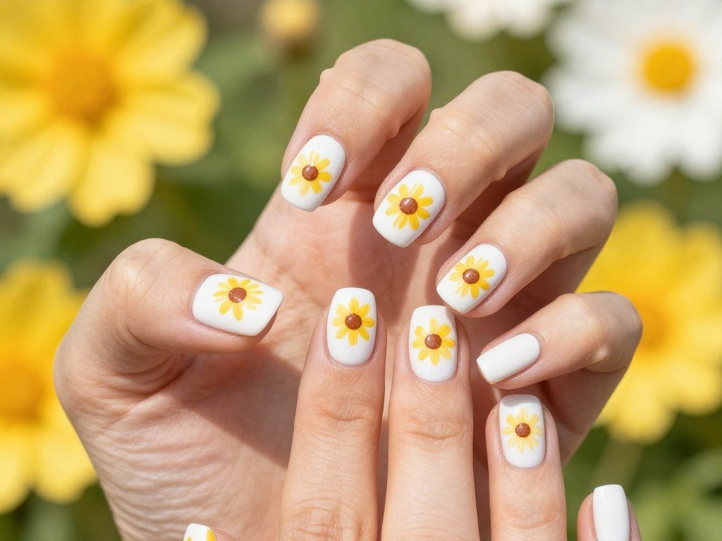 short nails with small sunflower nail art