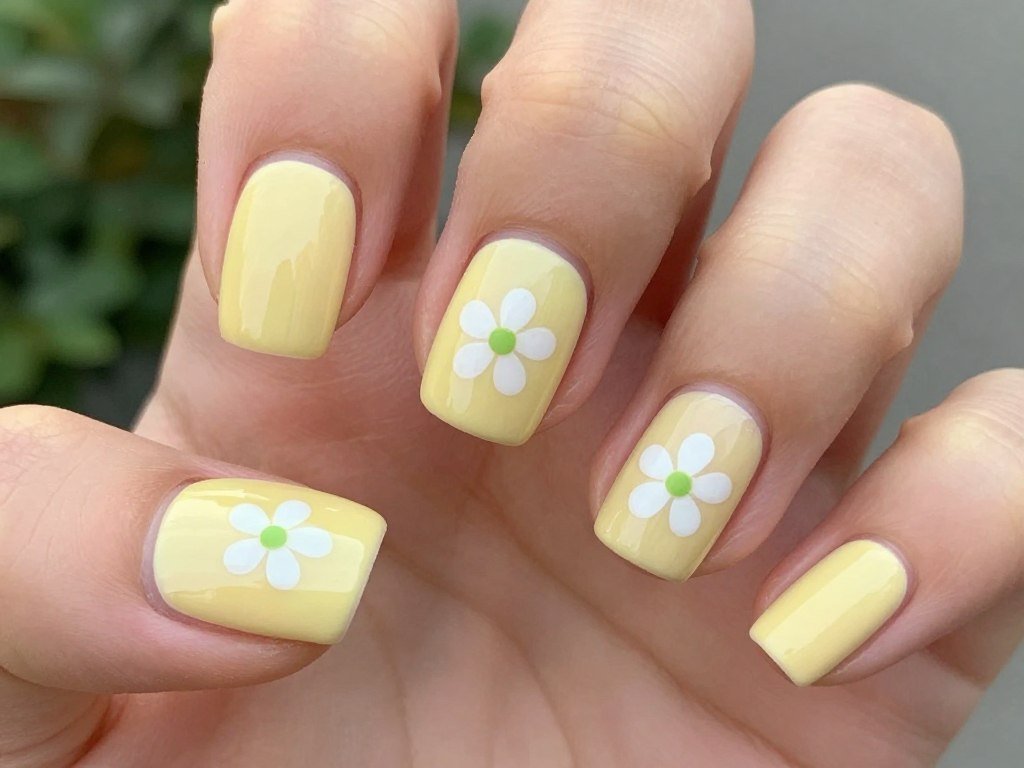 short nails with small white daisy nail art