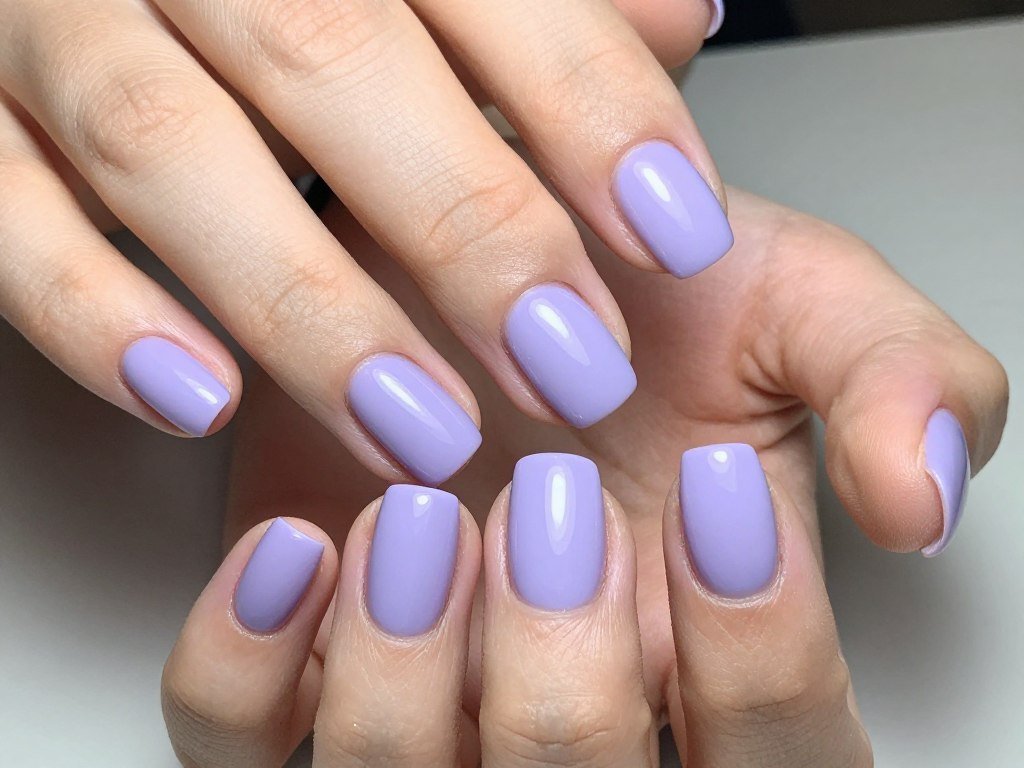 short nails with solid lavender pastel polish and glossy finish