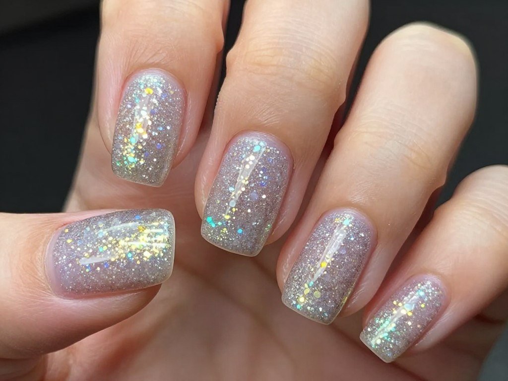 short nails with sugar sparkle textured finish
