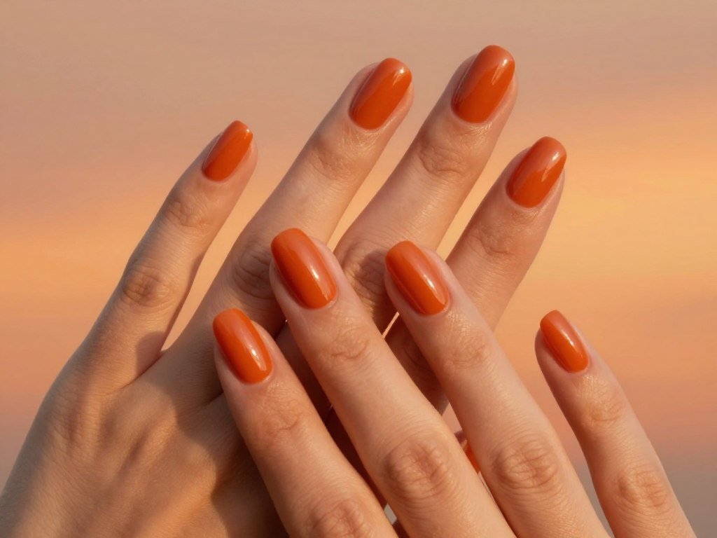 short nails with sunset orange polish creating summer vibes