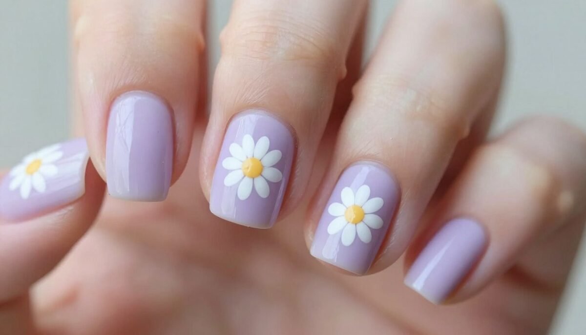 short nails with tiny daisy nail art on pastel lavender background